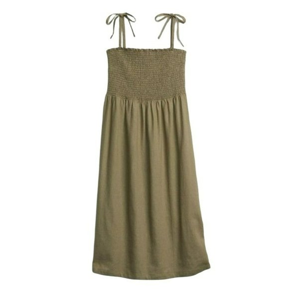 GAP Women's Smocked Bodice Shoulder Tie Midi Dress Olive Green Size 16-18 XL - Picture 4 of 8